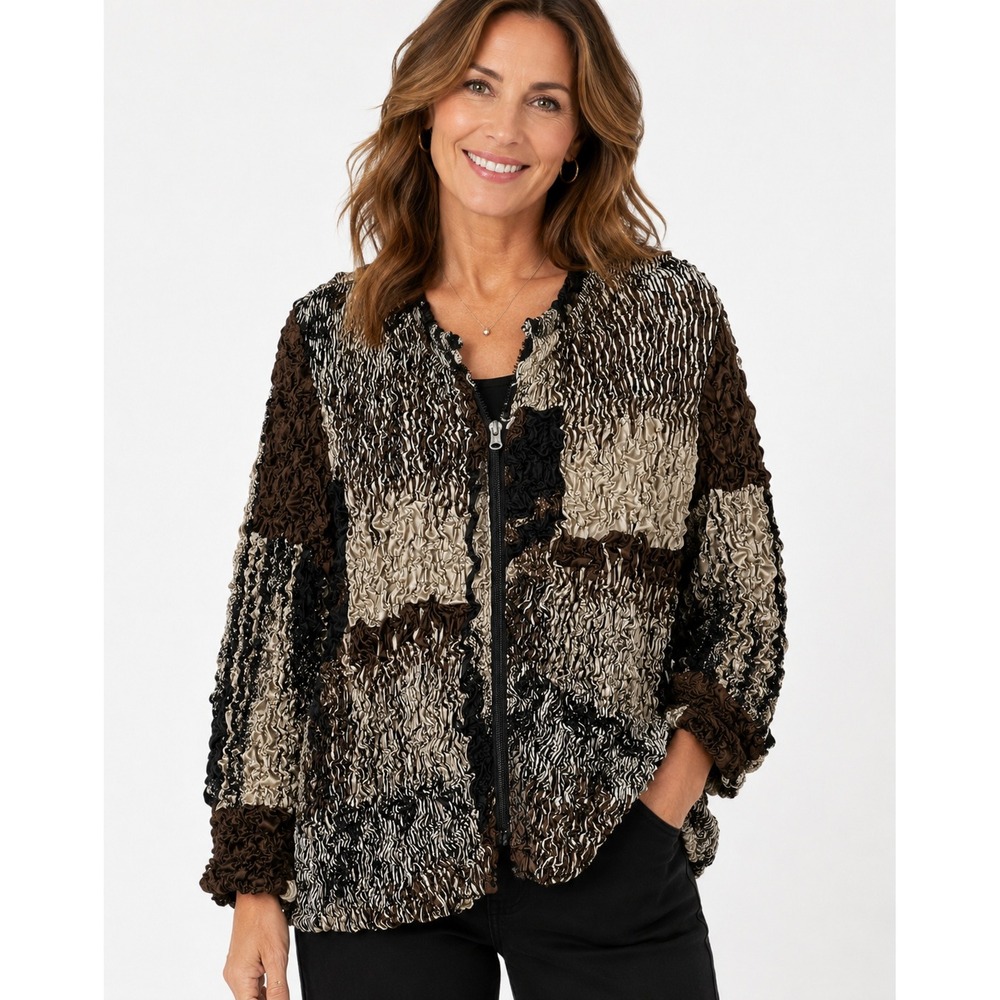 Joseph Ribkoff 6 Jacket‎ Popcorn Crinkle Zip Front Brown Patchwork Art to Wear